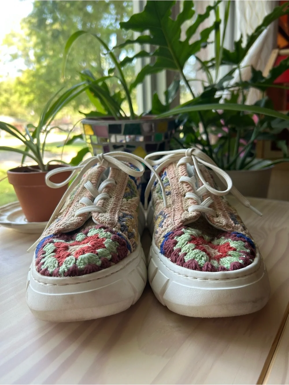 Free People Crochet Sneakers in Multicolor Cream and Blue